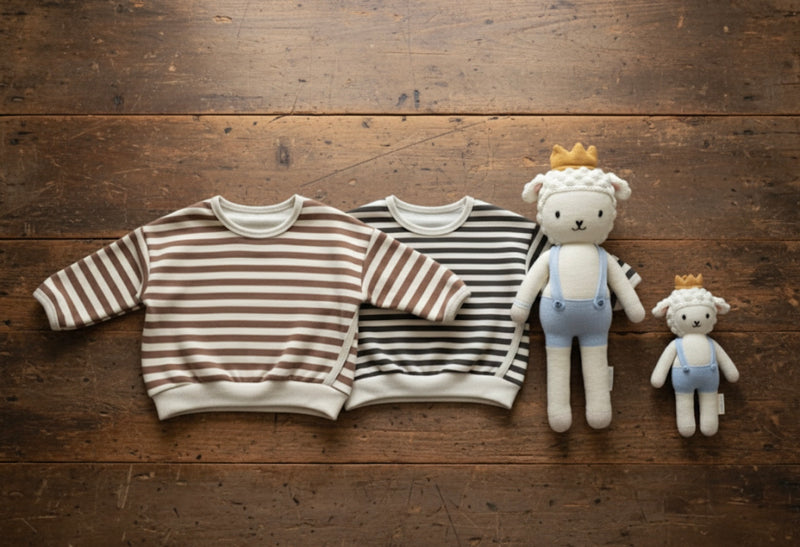 Chargez l&#39;image dans la visionneuse de la galerie, Chandail garçon coton épais rayé confortable– Kaki Lilas
