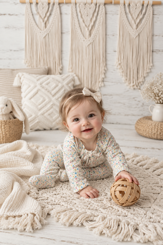 Organic cotton romper with small flowers, khaki and lilac
