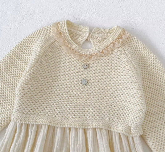 Baby girl ivory cotton and knit romper – Autumn-Winter
