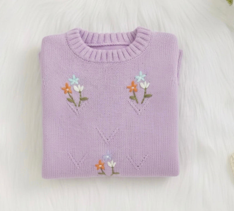 Load image into Gallery viewer, Lilac embroidered soft knit baby girl romper
