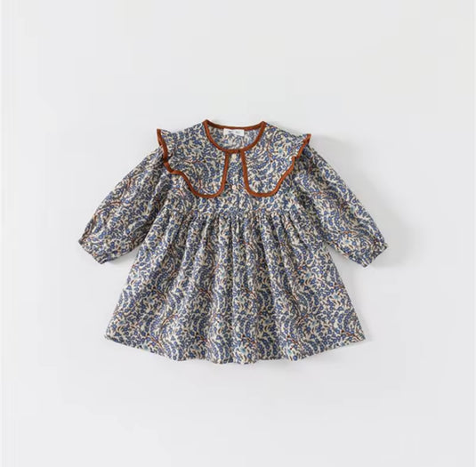 Girls' soft dark blue cotton dress with brown collar – Kali