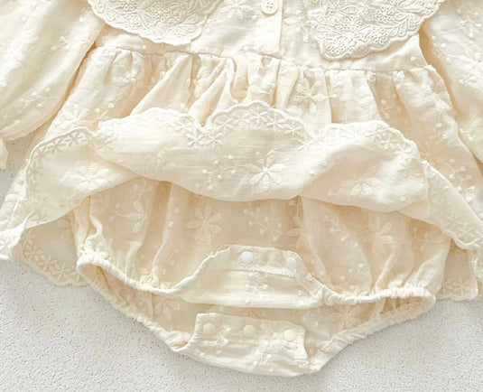 Barboteuse bébé à manches longues en coton – Col en dentelle brodé Kali