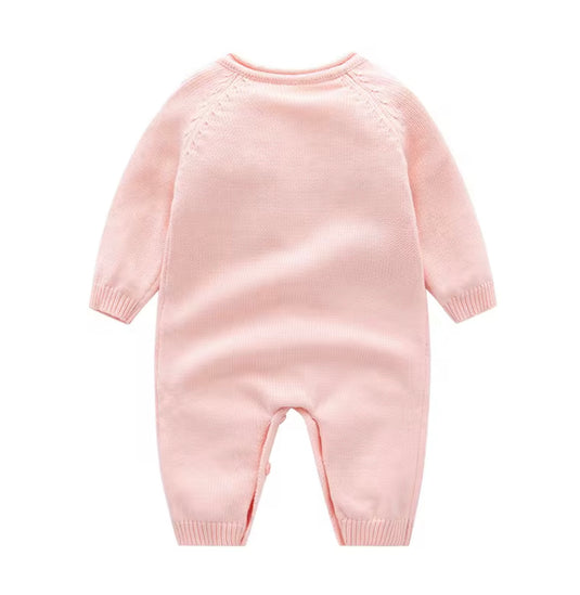 Barboteuse bébé fille en tricot rose de coton brodé motif floral – Kali