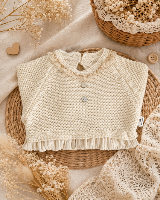 Baby girl ivory cotton and knit romper – Autumn-Winter