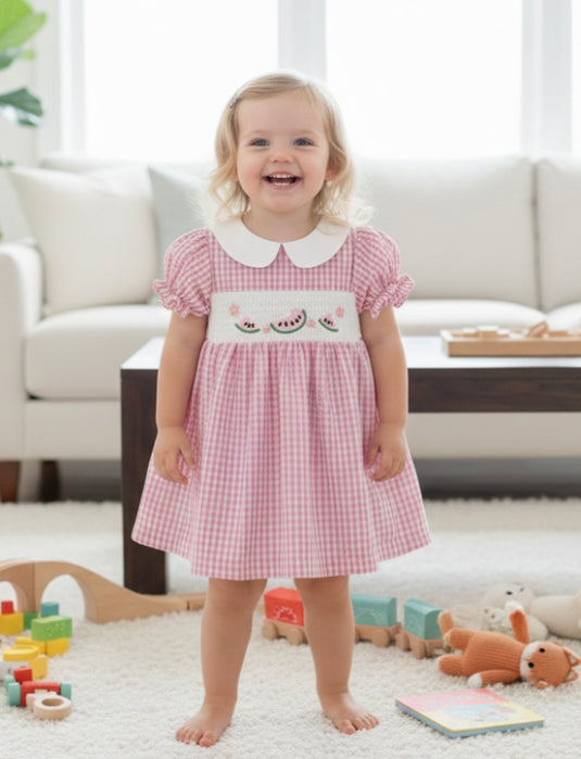 Robe fille en coton à carreaux roses