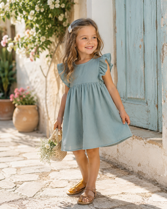 Blue girls' dress with ruffle sleeves – Gingham