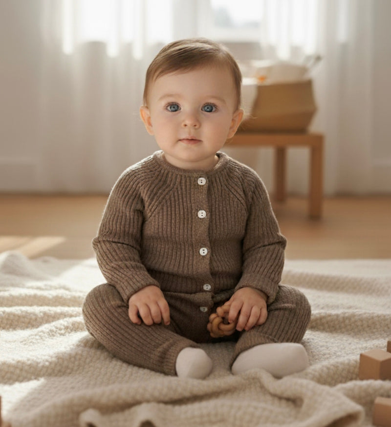 Chargez l&#39;image dans la visionneuse de la galerie, Combinaison bébé garçon tricot coton – Kaki lilas
