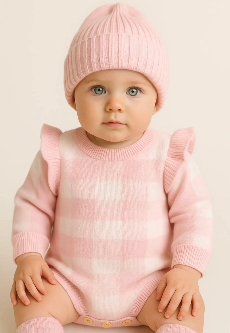 Chargez l&#39;image dans la visionneuse de la galerie, Bonnet bébé en tricot rose doux – Kali - Boutique Kaki Lilas
