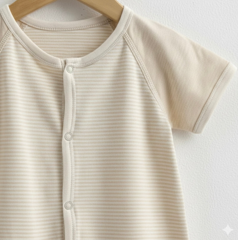 Chargez l&#39;image dans la visionneuse de la galerie, Barboteuse bébé coton rayée ivoire manches courtes – Kali
