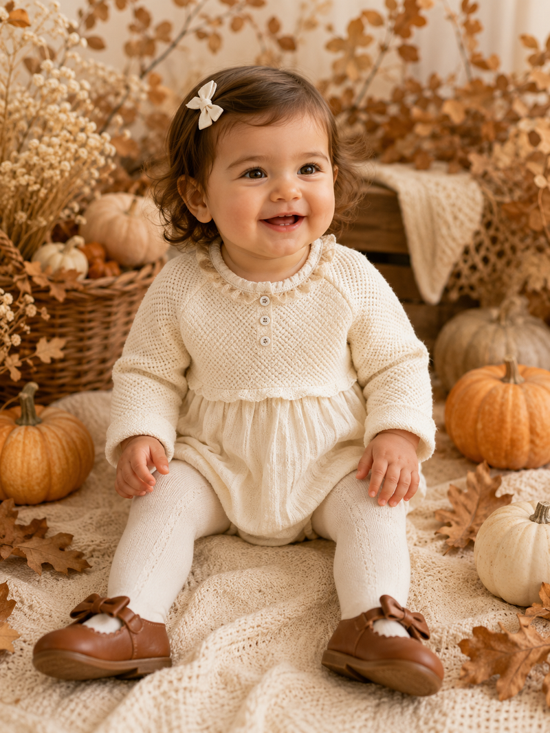 Load image into Gallery viewer, Barboteuse bébé fille en coton et tricot ivoire – Automne-Hiver
