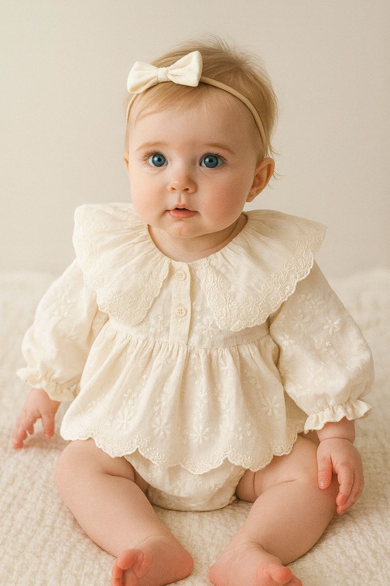 Chargez l'image dans la visionneuse de la galerie, Barboteuse bébé à manches longues en coton – Col en dentelle brodé Kali - Boutique Kaki Lilas
