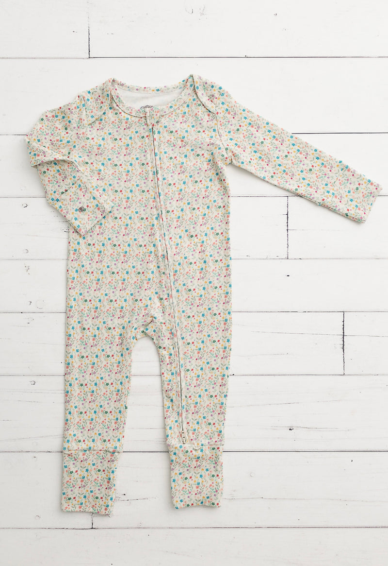 Chargez l&#39;image dans la visionneuse de la galerie, Barboteuse bébé coton bio motif petites fleurs – Kaki Lilas
