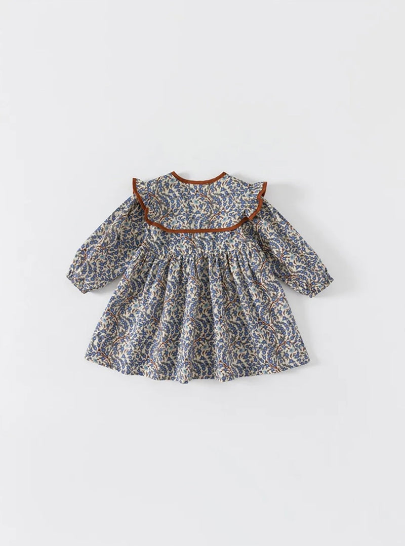 Load image into Gallery viewer, Dark blue girl&#39;s dress with brown collar - Kali model in soft cotton
