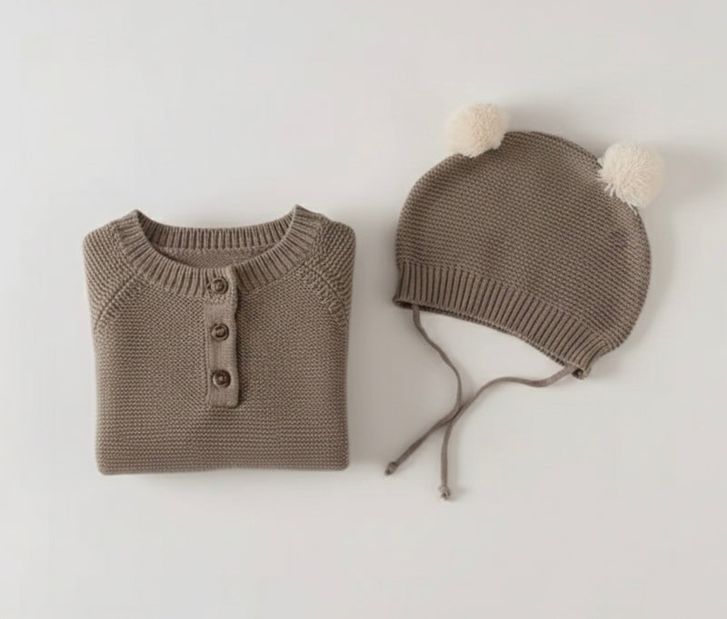 Chargez l'image dans la visionneuse de la galerie, Combinaison bébé tricot coton doux + bonnet – Kali
