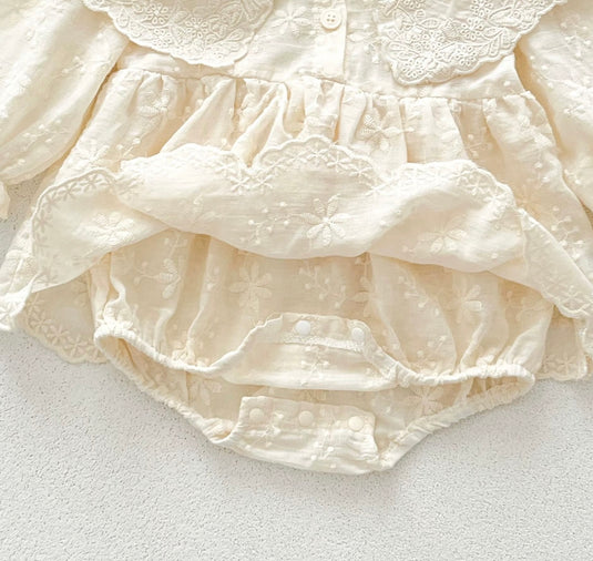 Barboteuse bébé à manches longues en coton – Col en dentelle brodé Kali