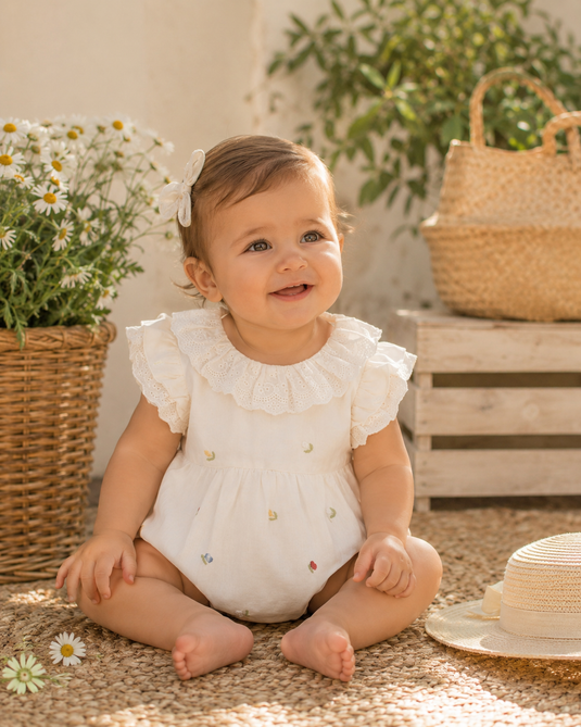Barboteuse bébé fille en coton avec col en dentelle