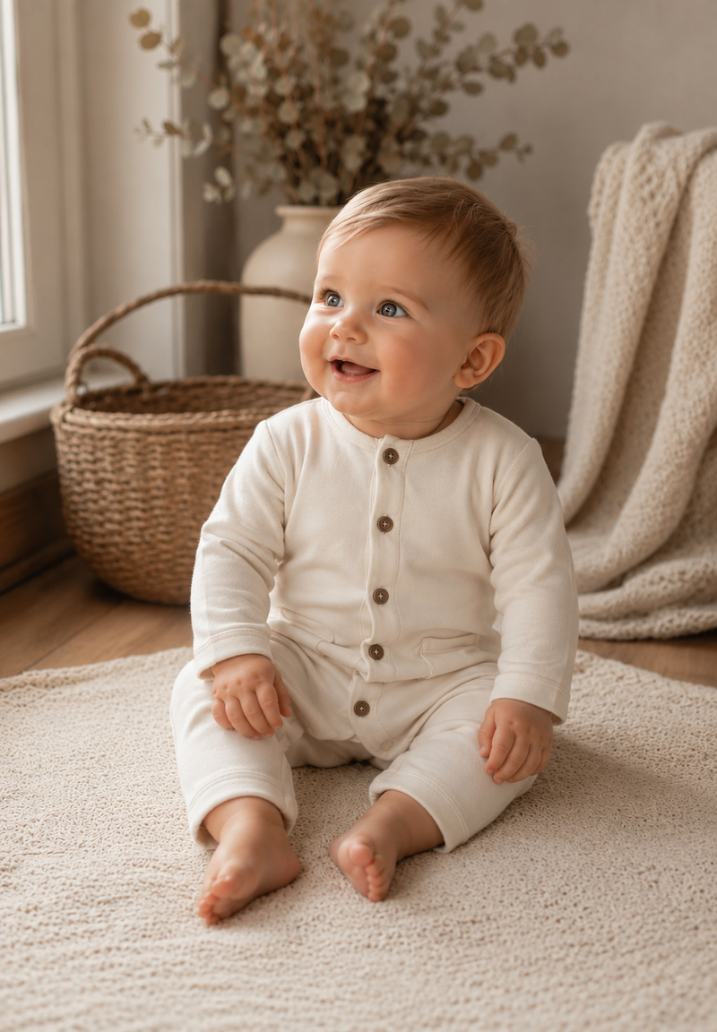 Load image into Gallery viewer, Organic cotton combination with matching bonnet for baby boy – Ivory
