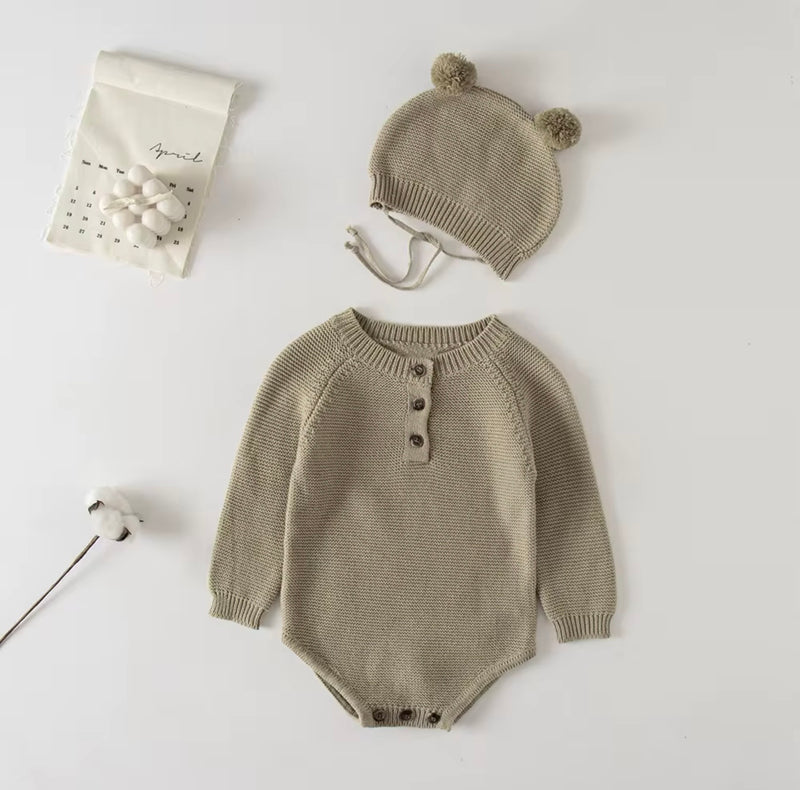 Chargez l'image dans la visionneuse de la galerie, Combinaison bébé tricot coton doux + bonnet – Kali
