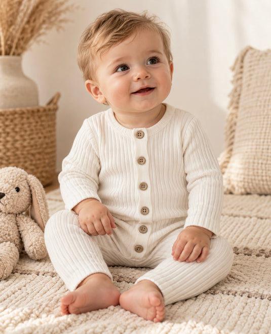 Baby girl's white knitted cotton long-sleeved romper