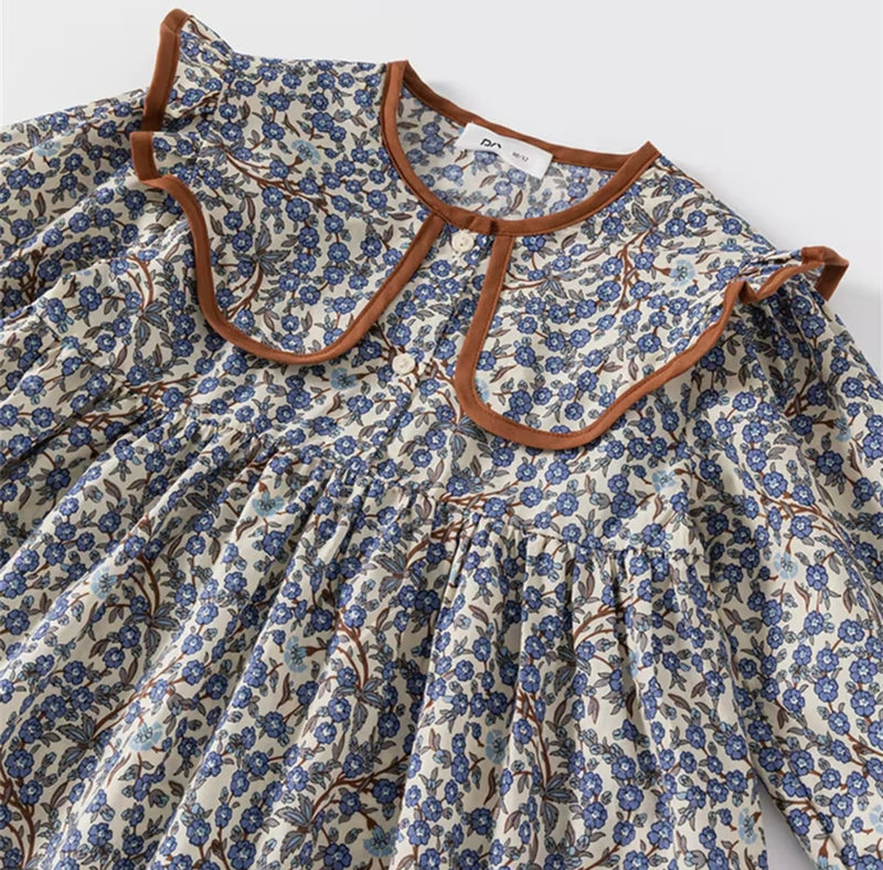 Load image into Gallery viewer, Dark blue girl&#39;s dress with brown collar - Kali model in soft cotton
