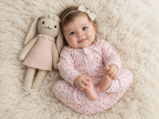 Baby girl organic cotton romper with lavender leaf print – Khaki Lilac