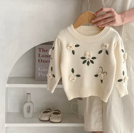 Pull bébé fille en coton avec fleurs brodées à la main – Modèle Kali