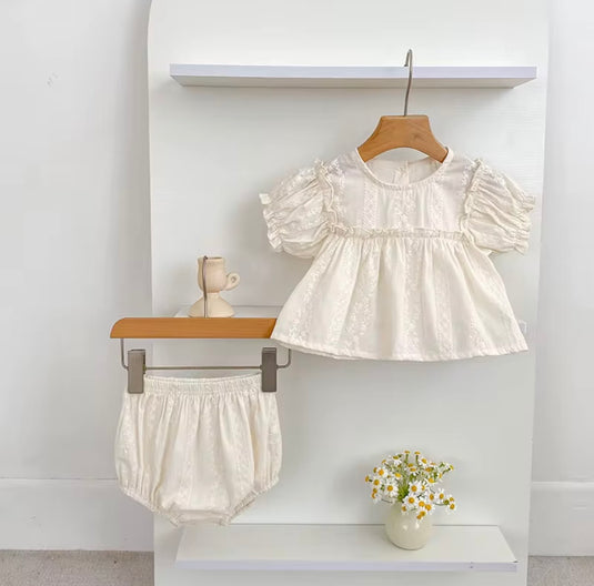 Ensemble bébé fille blouse brodée et bloomer en coton