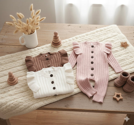 Combinaison en tricot doux pour bébé avec boutons – Kaki Lilas