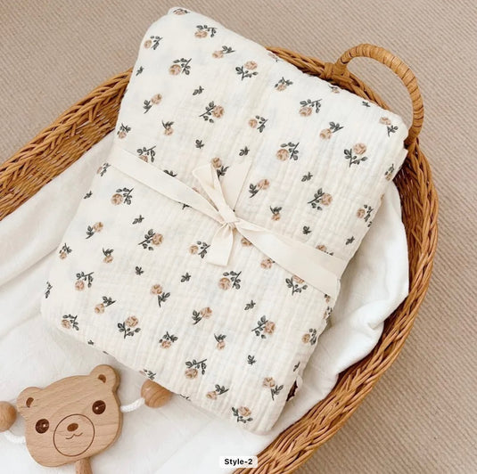 Couverture bébé florale vintage en coton 100 % – Kaki Lilas