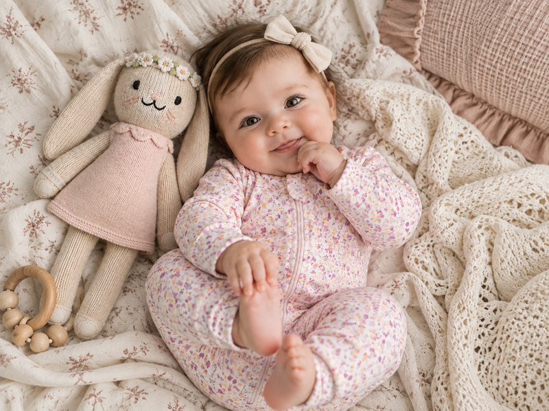 Load image into Gallery viewer, Baby girl organic cotton romper with lavender leaf print – Khaki Lilac
