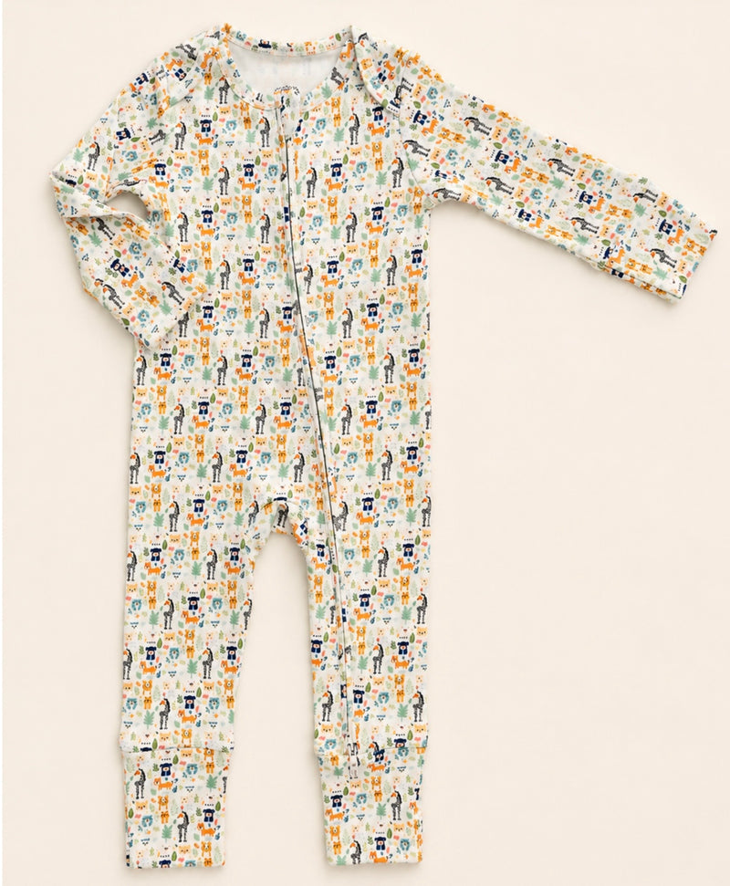 Load image into Gallery viewer, Organic Cotton Baby Boy Romper with Fun Animal Print – Khaki Lilac
