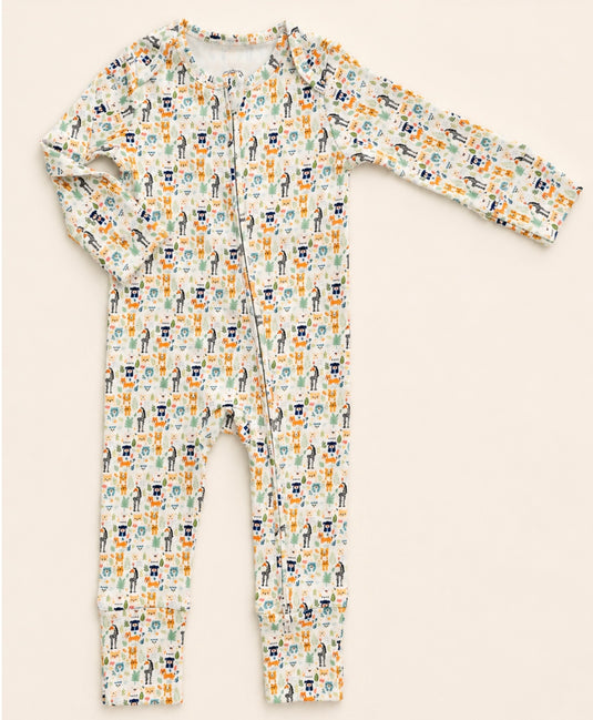 Organic Cotton Baby Boy Romper with Fun Animal Print – Khaki Lilac