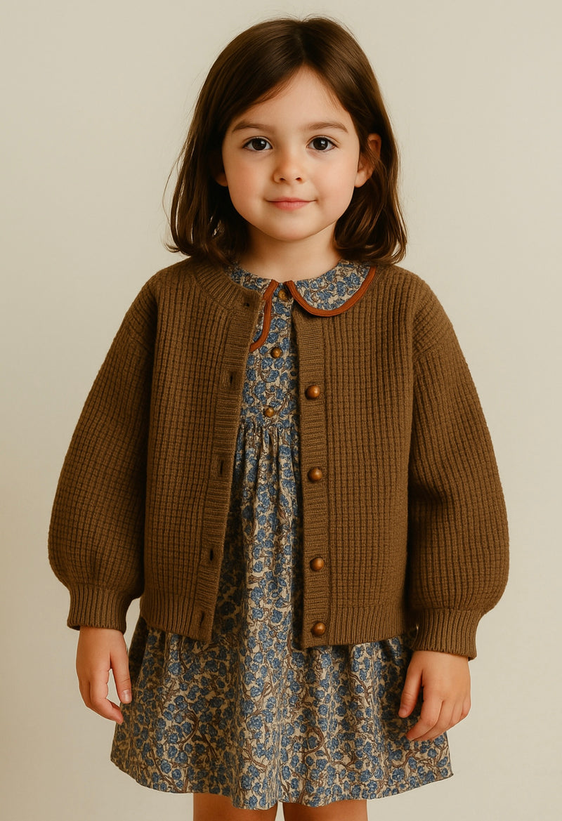 Chargez l&#39;image dans la visionneuse de la galerie, Cardigan vintage en tricot doux pour enfant – Kaki Lilas - Boutique Kaki Lilas
