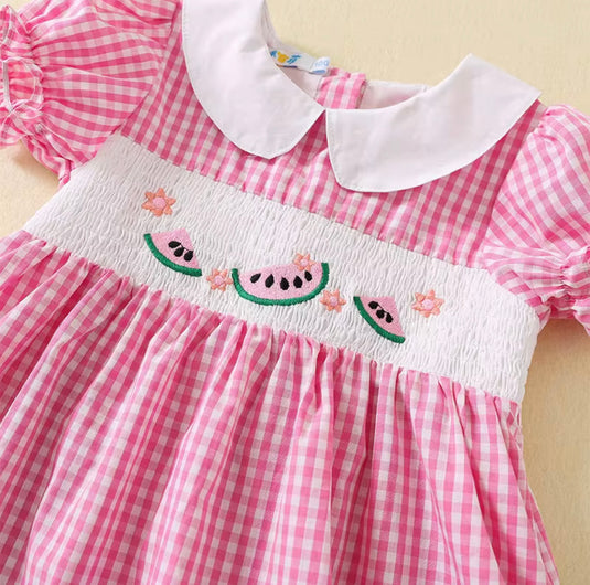 Robe bébé fille à carreaux roses et melons d’eau – 100 % coton doux