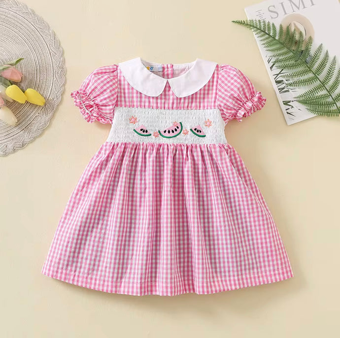 Robe bébé fille à carreaux roses et melons d’eau – 100 % coton doux