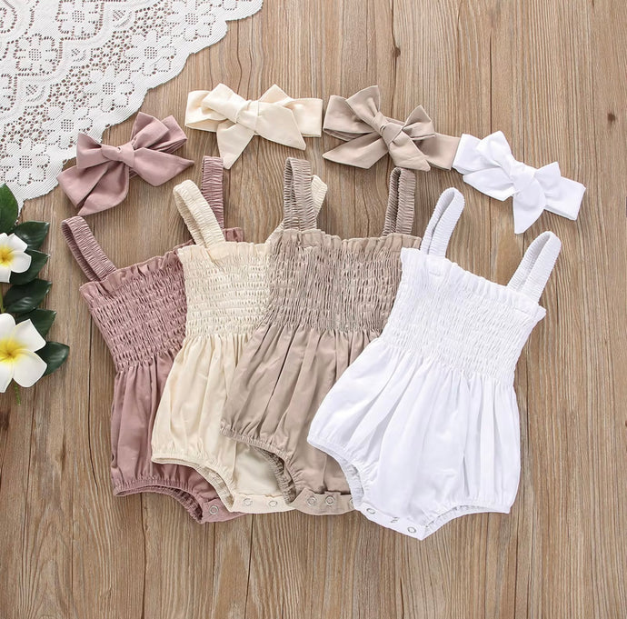 Barboteuse bébé avec nid d’abeille + bandeau assorti – Kali – Coton doux