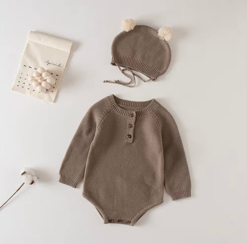 Chargez l'image dans la visionneuse de la galerie, Combinaison bébé tricot coton doux + bonnet – Kali
