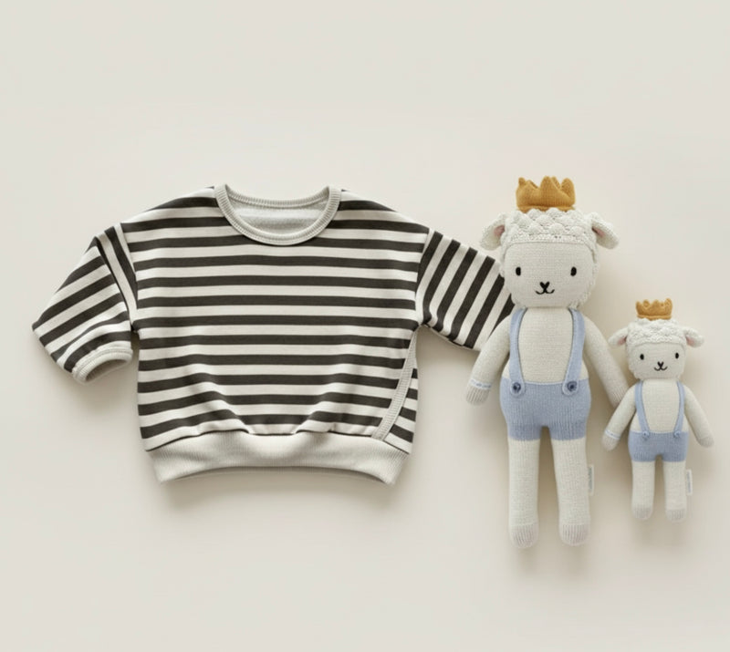 Chargez l&#39;image dans la visionneuse de la galerie, Chandail garçon coton épais rayé confortable– Kaki Lilas
