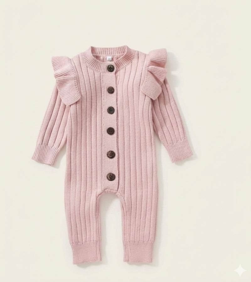 Chargez l&#39;image dans la visionneuse de la galerie, Combinaison en tricot doux pour bébé avec boutons – Kaki Lilas
