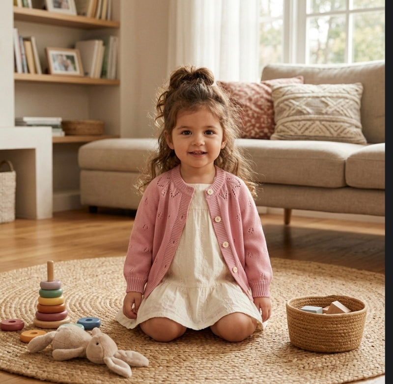 Load image into Gallery viewer, Cardigan bébé et fille ivoire &amp; rose Vichy | Pré-commande
