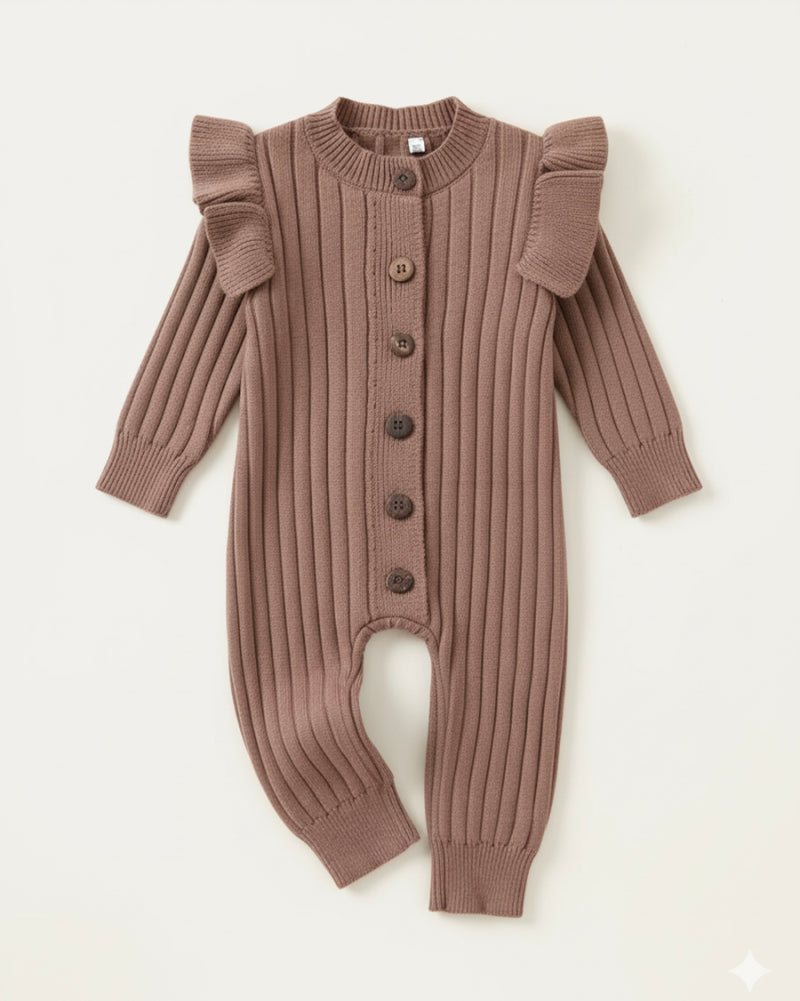 Chargez l&#39;image dans la visionneuse de la galerie, Combinaison en tricot doux pour bébé avec boutons – Kaki Lilas
