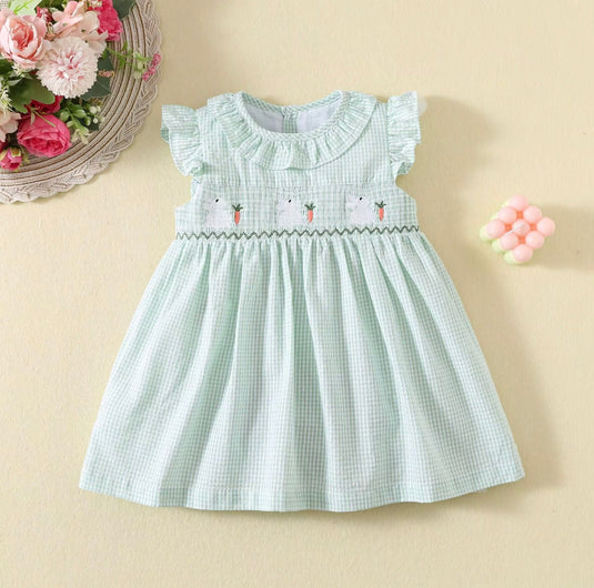 Robe bébé fille haut de gamme à carreaux verts pâles – Modèle Kali en coton doux
