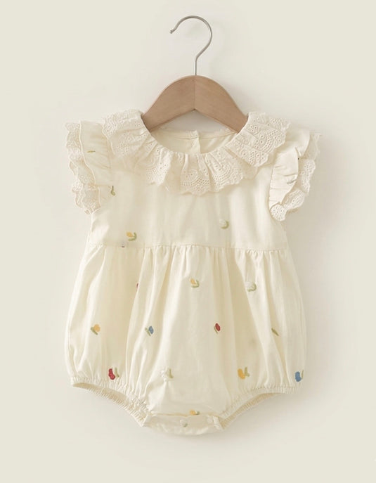Barboteuse bébé fille en coton avec col en dentelle