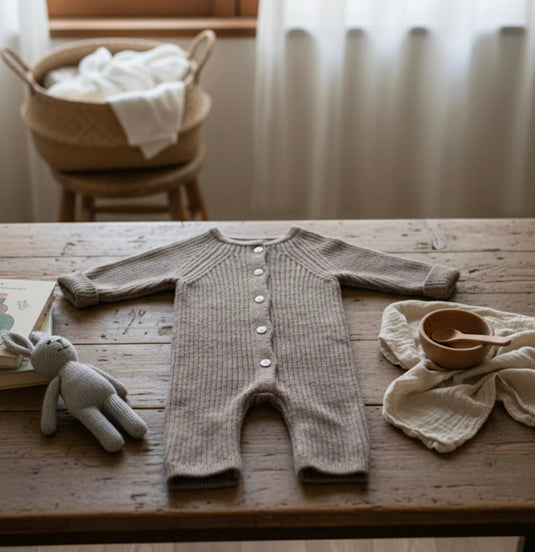 Combinaison bébé garçon tricot coton – Kaki lilas