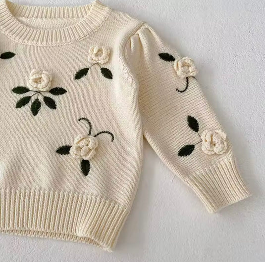 Pull bébé fille en coton avec fleurs brodées à la main – Modèle Kali