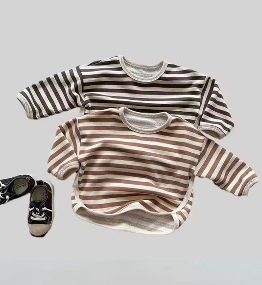 Chandail garçon coton épais rayé confortable– Kaki Lilas