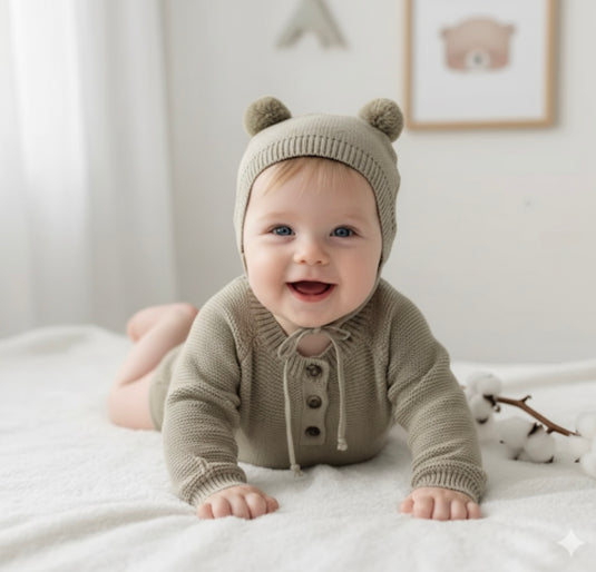 Combinaison bébé en tricot de coton doux avec bonnet – Modèle Kali - Boutique Kaki Lilas