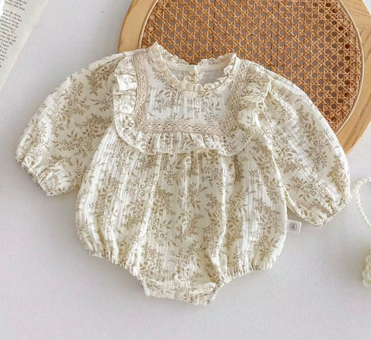 Barboteuse bébé fleurie jaune en coton doux – Kali bohème chic