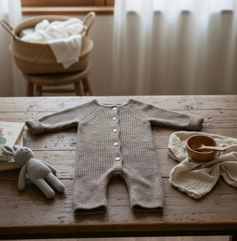 Load image into Gallery viewer, Baby boy cotton knit romper – Khaki lilac
