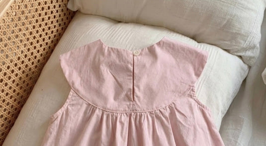 Robe fille rose brodée à col rond Vichy